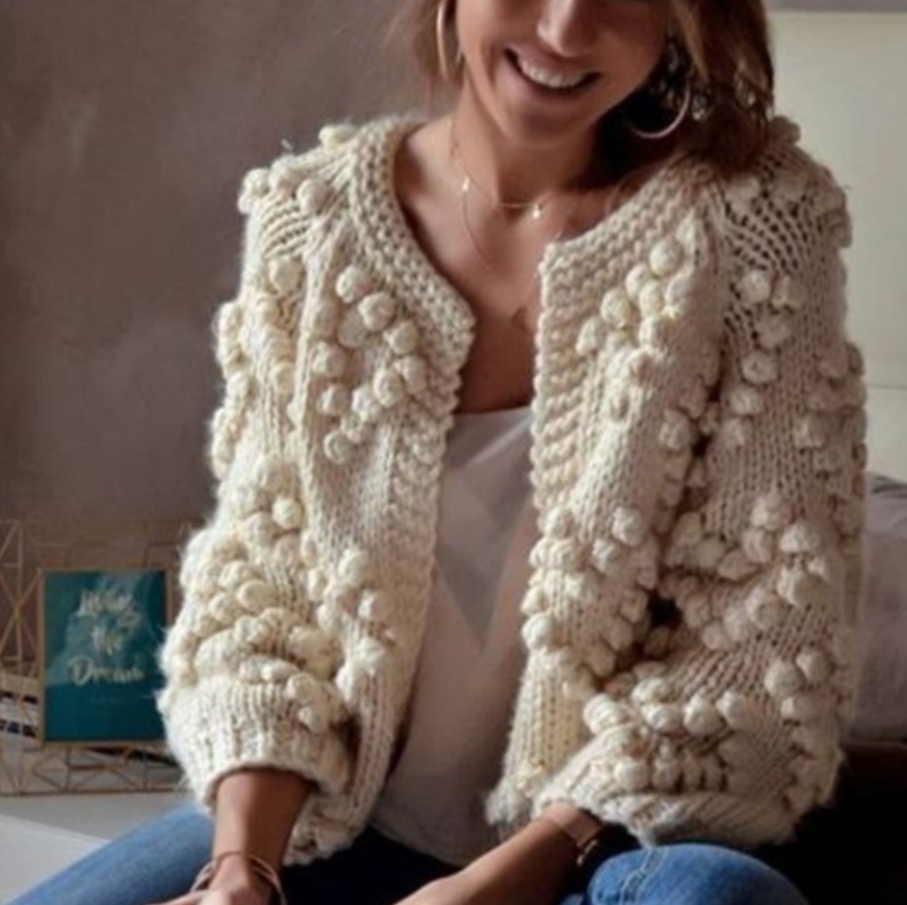 Chicwish Pom Pom ivory cardigan Small